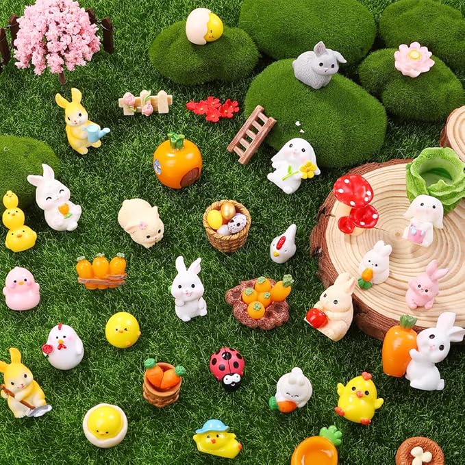 42 Pcs Easter Mini Resin Figurines, Miniature Sculptures Small Farm Bunny Chick Fairy Garden Decor for Dollhouse Easter Egg Fillers Party Favors Supplies DlY Landscape Terrarium