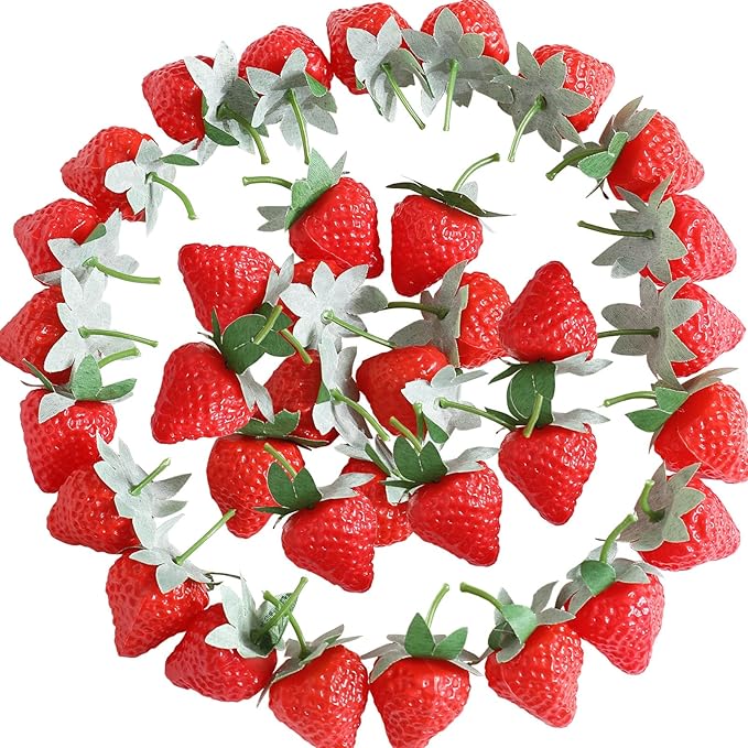 36 Pieces Fake Strawberries Fake Fruit Artificial Strawberry Kitchen Décor Plastic Strawberry Party Decorations Realistic Fake Food Lifelike for Display Photography Props