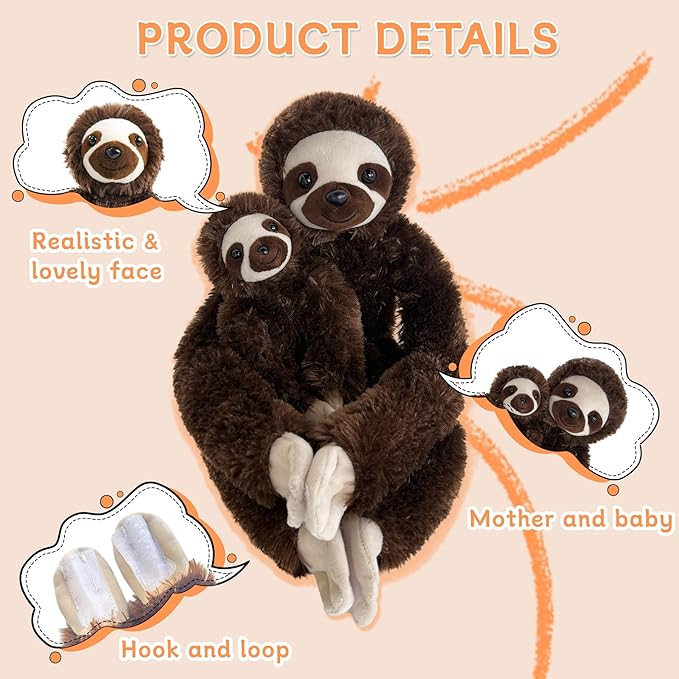 2pcs Sloth Hanging Stuffed Animal Mother with Baby Hanging Plush Toys, Three-Toed Sloth Hooks and Stuffed Animals with Rings for Kids, Gifts for Boys and Girls