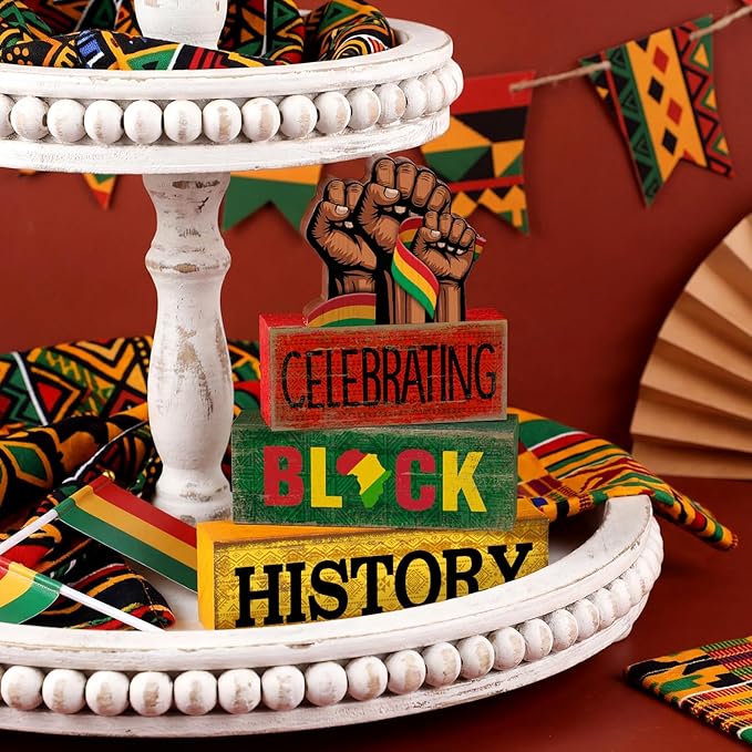 Moucuny 4 Pcs Black History Month Table Decorations Wooden Wrist Black History Month Tiered Tray Decor Red Yellow Green African American Centerpiece Rustic Wrist Block Signs Gift Farmhouse for Home