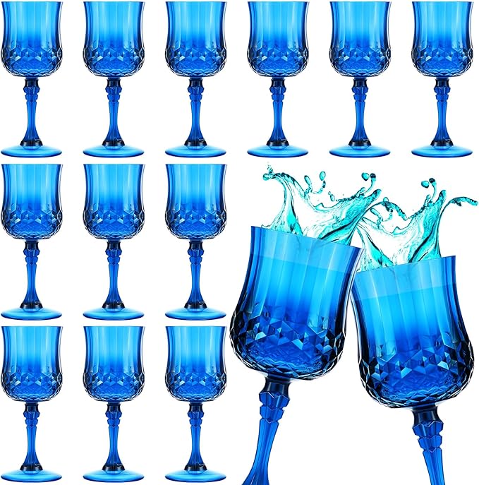 Pinkunn 12 Pcs 7 oz Plastic Vintage Wine Glasses Reusable Colored Goblets Patterned Drinking Water Glasses Cup Dishwasher Safe for Valentine's Day Wedding Reception Party Supplies (Dark Blue)