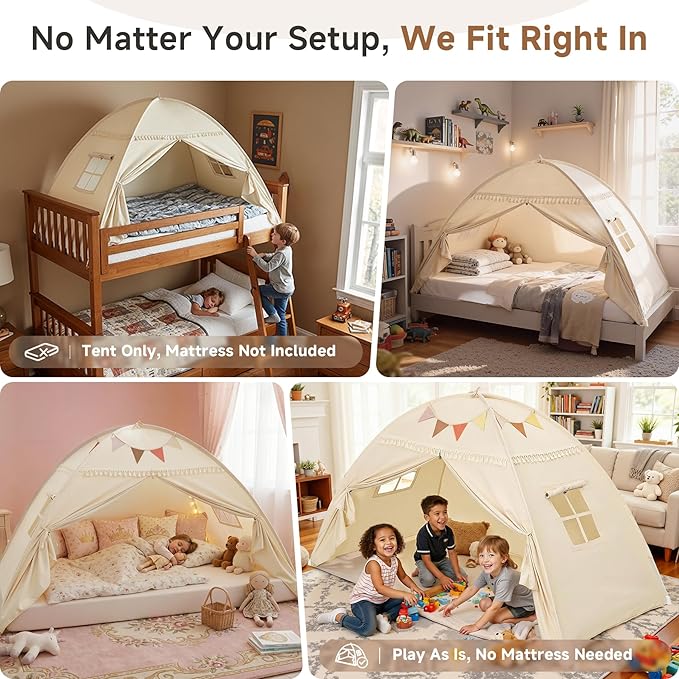 Toddler Canopy Lights & Flags Indoor Floor Bed Kids Tent Playhouse Portable & Foldable Twin Bunk Bed Curtains Girls & Boys House Bedroom Privacy Space Sleeping Tents Gifts Golden Beige Large Size