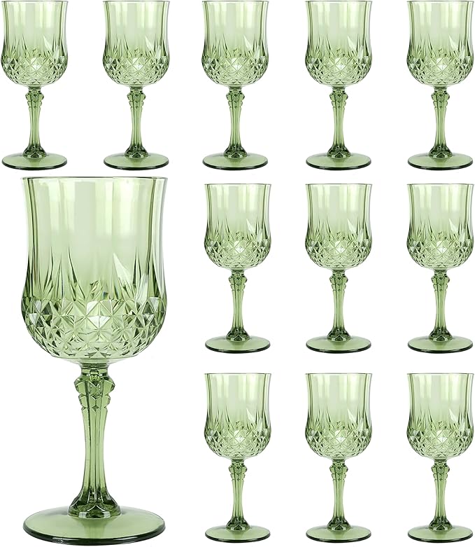LEYIQU Plastic Wine Glasses, Plastic Goblets Vintage Style Cordial Drinking Glasses for Valentine’s Day, Wedding Reception, Grand Event Party Supplies (12, New Green)