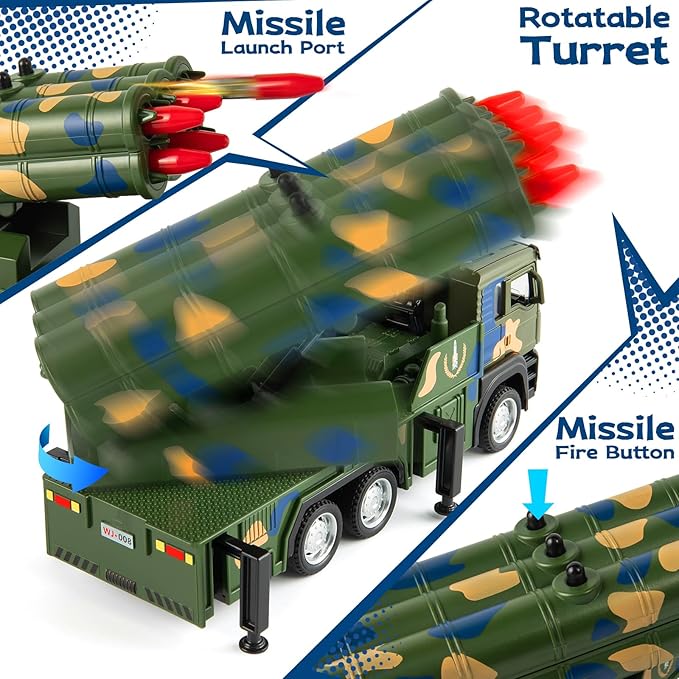 Army Truck Toy with 6 Missiles, Pull Back Military Truck Playset with Light & Sound, Simulated Combat Vehicle Model Toy Gift for Boys Ages 3-6 Years
