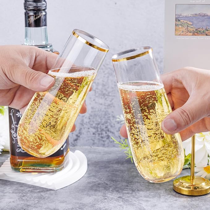 Ciaell 24 Pack Gold Plastic Champagne Flutes - 9 Oz Disposable Champagne Glasses - Stemless Mimosa Glass for Parties & Weddings & Birthdays