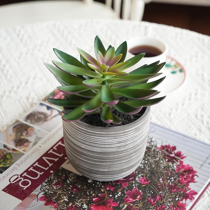 JaHe Artisan Potted Fake Succulent, 7.5” Artificial Succulents in Cement Bowl Faux Realistic Greenery Plant for Home Office Desk Bathroom Livingroom Boho Shelves Decoration, Table Centerpieces