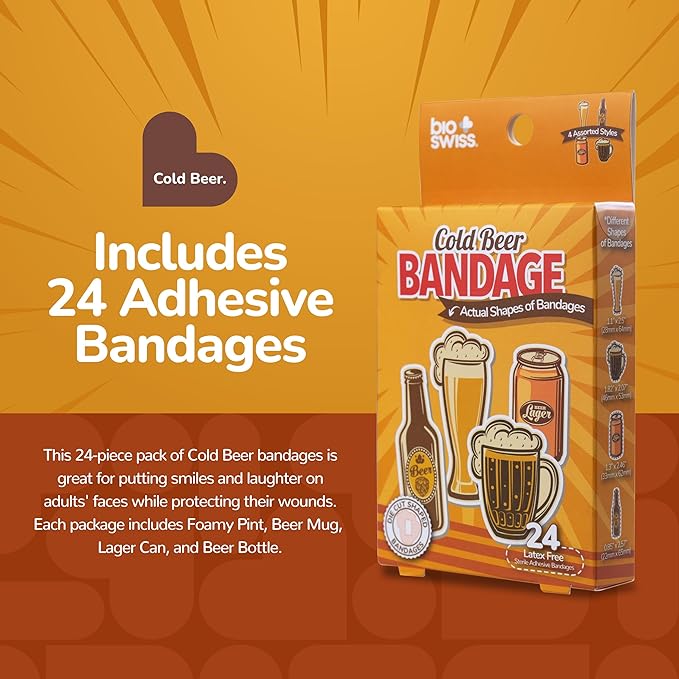 BioSwiss Funny Bandages, Cold Beverage Shaped Adult Novelty Self Adhesive Bandage Set, Latex Free, Sterile Wound Care, 24 Count
