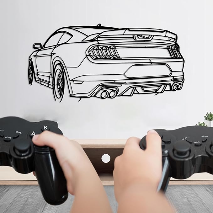 DecoSoul Mustang Metal Car Wall Art, Sports Car, Automotive Silhouette Line Decoration, Minimalist Sculpture for Garage, Indoor Outdoor Wall Hanging, Gift for Boyfriend (Black - 20 x 5.5” inch)