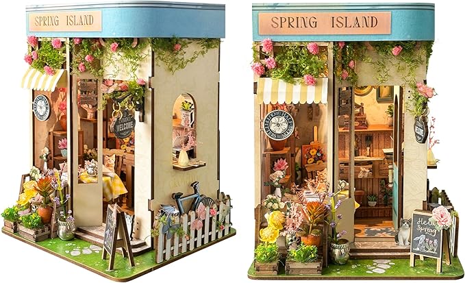 DIY Book Nook Kit - 3D Wooden Puzzle Miniature Dollhouse Bookshelf Decor Bookend Craft Model Kits for Adults to Build - Spring Island(SQ-46)
