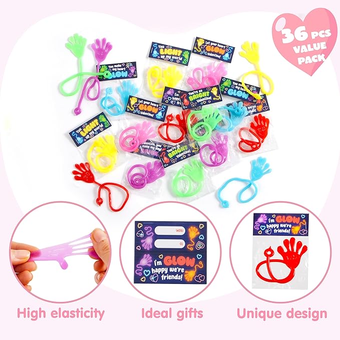 JOYIN 36 Packs Valentine Day Glow Sticky Hands with Card Headers for Kids Party Favor, Classroom Exchange Prizes, Valentine’s Day Greeting Cards, Party Favors and Exchange Gifts