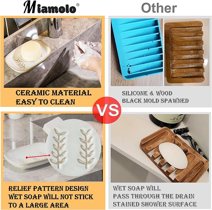 Miamolo Soap Dish Bar Cleaner Dish for Shower, Ceramic Soap Dishes for Large Soap Bar Shampoo or Sponge, Shower Soap Dish Soap Saver Tray for Bathroom Kitchen Sink, Easy to Clean