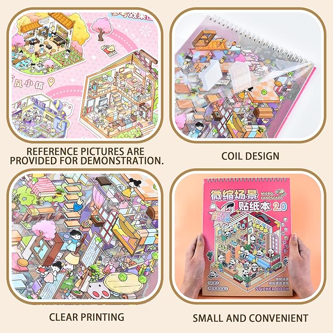 DIY Large Fun 3D Animal House Scene Stickers Book with Tweezers Make Your Own Town Bookstore Amusement Park Sticker Scenes Cute Micro Stickers for Relief Stress Pass The Time(6 Designs)
