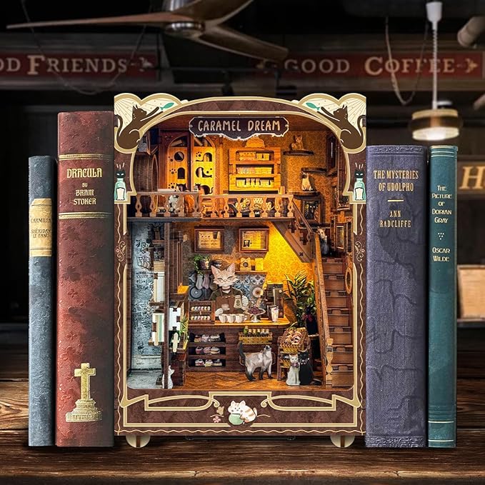 DIY Dollhouse Kit for Adults 2D Stereo Assembly Night Light Sensing Wooden Bookend Jigsaw Building Model (Caramel Dreams)