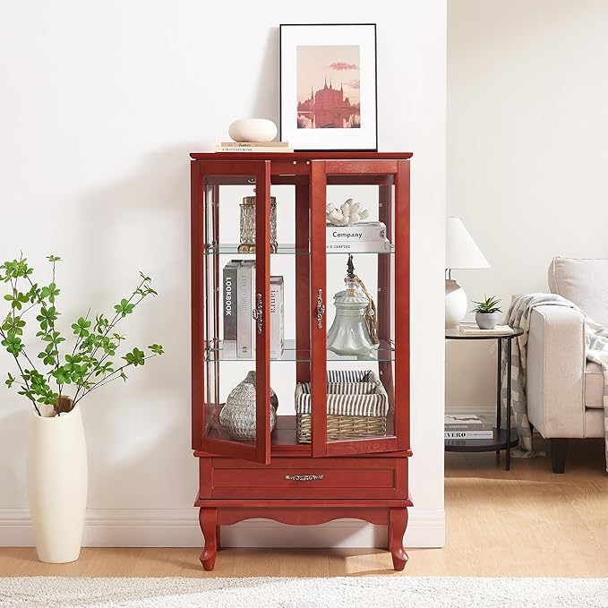 49" H Lighted Curio Display Cabinet with 2 Glass Doors & 1 Drawer, Wooden Curio Showcase w/Adjustable Shelves & Mirrored Back Panel, Wine Storage Cabinet Display Case for Living Room (Cherry)