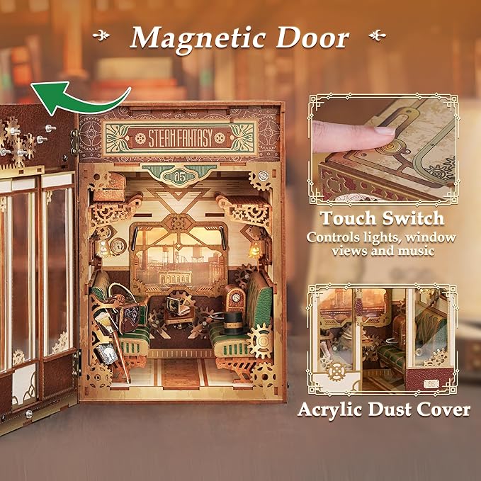 Tonecheer DIY Book Nook Kit for Adults, Miniature Infinity Train Cabin Steam Age Vintage Carriage Model, Wooden 3D Puzzle Dollhouse Booknook Decorative Bookend Gifts (Steam Fantasy)