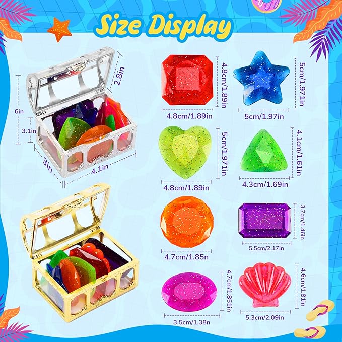MARFOREVER 18 Pcs Big Diving Gem Pool Toys - 16 Colorful Sinking Diving Gems Underwater Crystals Swim Pool Toys with 2 Treasure Chest Pirate Boxes Acrylic Gemstones Set for Summer Party Favors