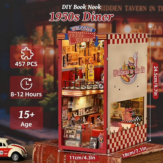 Book Nook Kit - DIY Miniature House Dollhouse Kit for Adults and Teens, Booknook Retro Diner Bookshelf Decor 3D Wooden Puzzle with LED Light, Gifts for Family and Friends (1950s Diner)