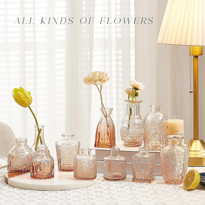 Glass Bud Vase Set of 20, Small Flower Vases, Glass Vases for Centerpieces, Vintage Home Table Decorations Bud Vases (20 Pcs, Amber)