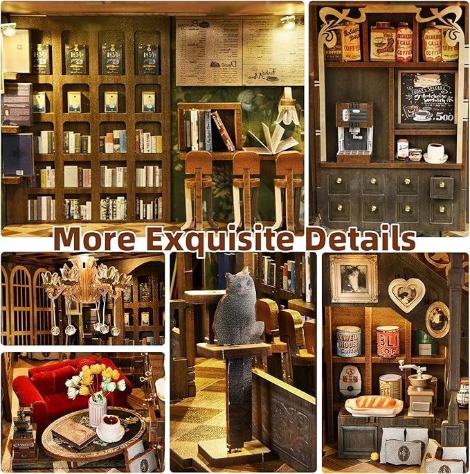 Book Nook Kit - DIY Miniature House Coffee Shop Dollhouse Kit for Adults and Teens, 3D Wooden Puzzle Booknook Tiny House Bookshelf Decor, Gifts for Family, Friends (Saison Café)