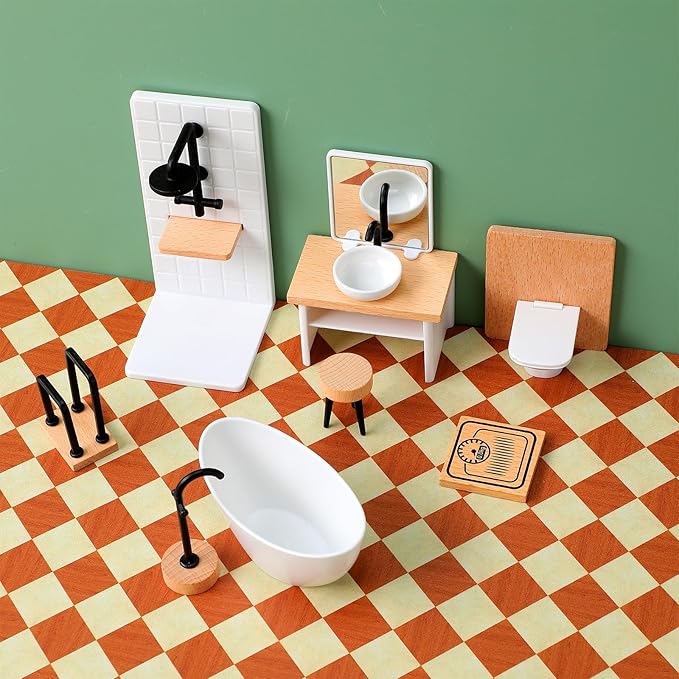 Veemoon 1:12 Scale Miniature Dollhouse Bathroom Set, 8pcs Dollhouse Shower Room Furniture Accessories Mini Bathroom Decoration Props Basin Toilet Bathtub Stool Shower