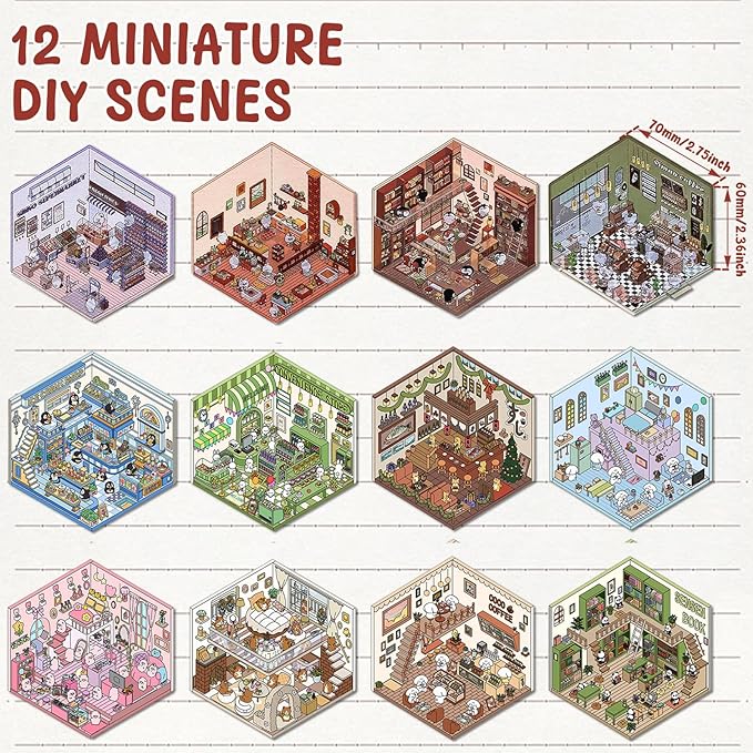 DIY 3D House Sticker, Creative 3D Stickers Scene, Fun 3D House Sticker Set, Decorative 3D Room Sticker, Cartoon 3D Miniature Scene Stickers for Adults Kids to Make Your Own Mini Room Scenes (Set 3)