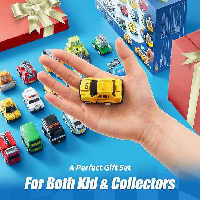JOYIN 18 Pcs Pull Back City Cars and Trucks Toy Vehicles Set, Friction Powered Cars Toys for Toddlers, Kids Stocking Stuffers, Treasure Box Gifts for Classroom, Gifts for Grandkids, Easter Basket