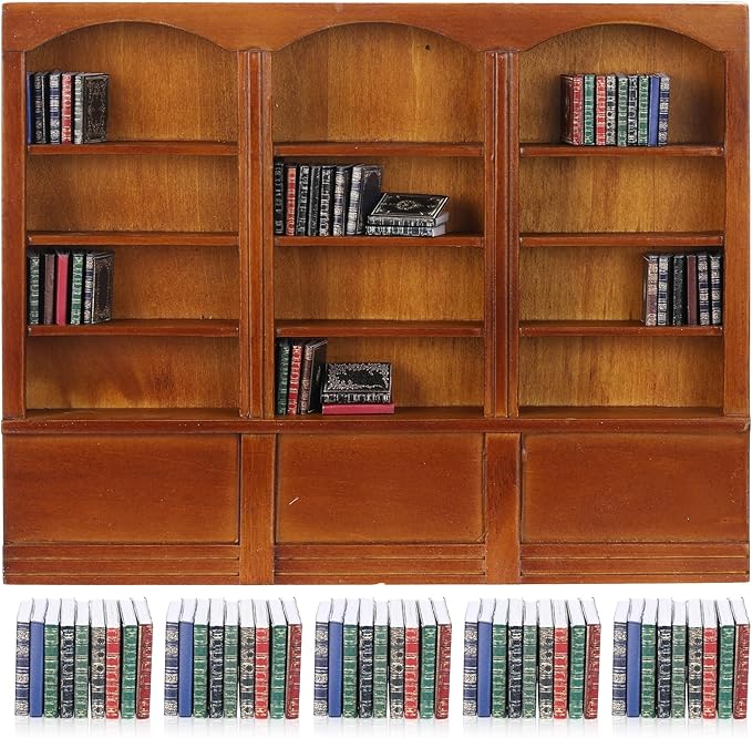 1:12 Scale Dollhouse Miniature Wooden Bookshelf with 48 Pcs Miniatures Books, Mini Bookcase Tiny Books for Dollhouse Mini Library Furniture Christmas Decoration Gift(Brown)