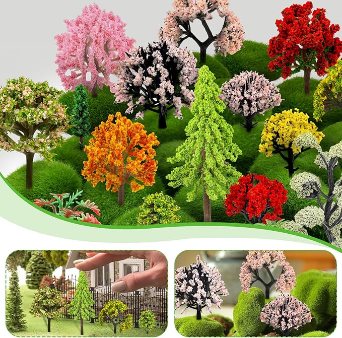 QUOZUO 42Pcs Model Miniature Trees with Moss Stones, Model Train Scenery, Mixed Model Colourful Trees for Building Model, Natural Green Landscape, Railroad Scenery