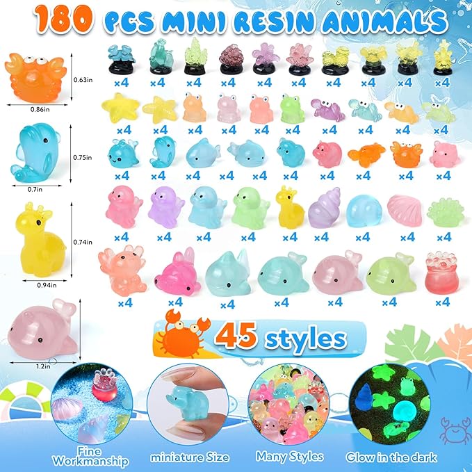180 Pcs Luminous Mini Resin Animals Miniature Animal Figurines 45 Styles Glow in Dark Tiny Animals Figures Bulk to Hide Mini Figurines Dollhouse Decor Fairy Garden Accessories Micro Landscape Decor