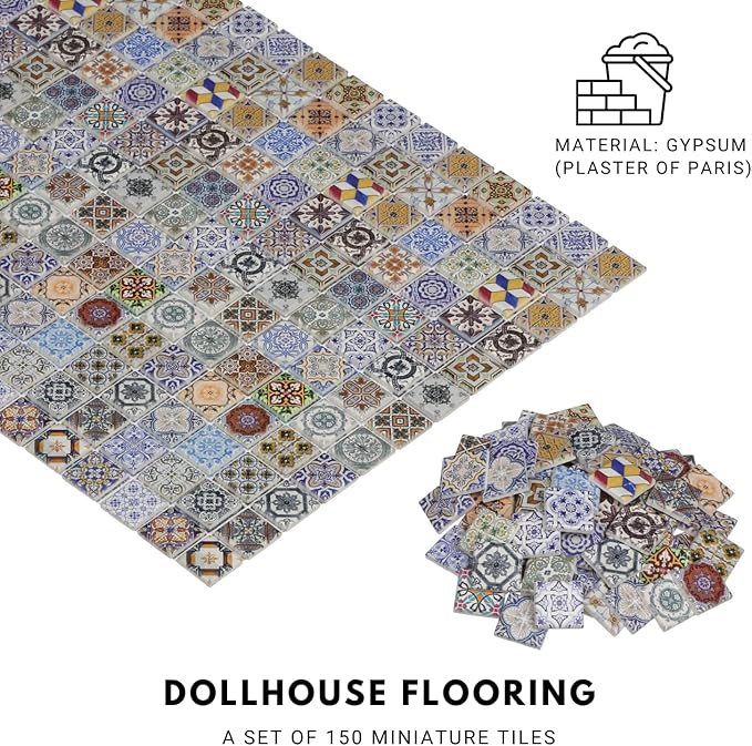 150 pcs, Dollhouse Flooring, 1:12 Scale Doll House Tiles, Miniature Checkerboard Floor, REDUCIO! (Colorful Azulejo Mosaic)