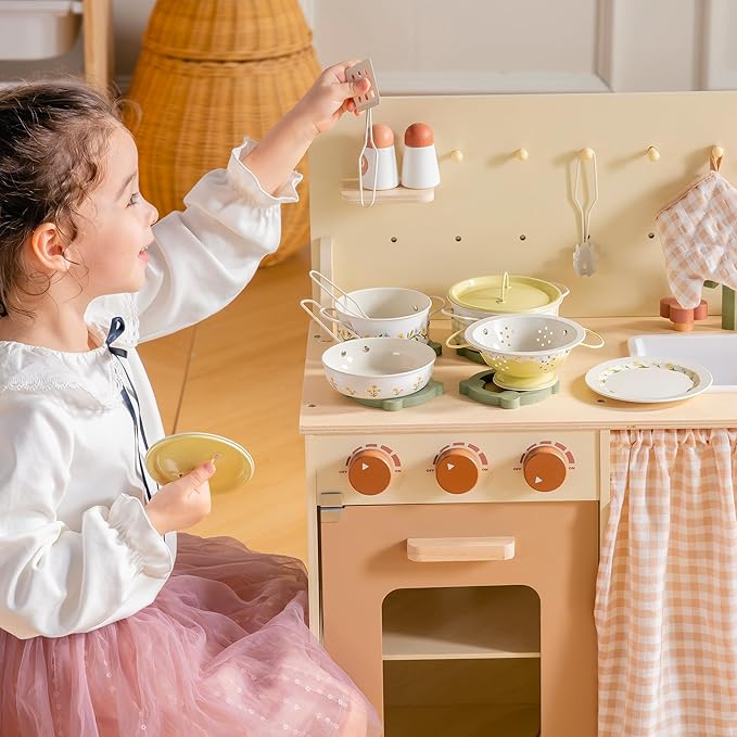 ROBUD Kids Pots and Pans Playset,Toddler Kitchen Accessories Pretend Cooking,Cottagecore Yellow Stainless Steel Pots and Pans Metal, Kitchen Set for Kids, Mini Toy Kitchen Accessories(9 Pieces)