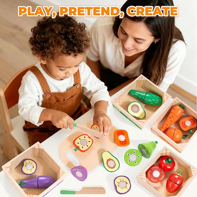 WOODMAM Wooden Play Food for Toddlers, Color Food Groups, Fruit & Veggies Cutting Set, Pretend Play Food Kitchen Accessories for 3 4 5 6 7 Years Old Boys & Girls