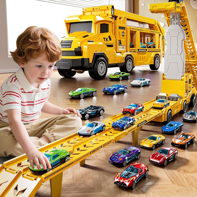 Toddler Car Truck Toys for 3 4 5 6 7 8 Years Old Boys, Transporter Truck Toy Track Set with 12 Die-Cast Car Toys, Toy Gifts for 3 4 5 6 Year Old Boys Kids