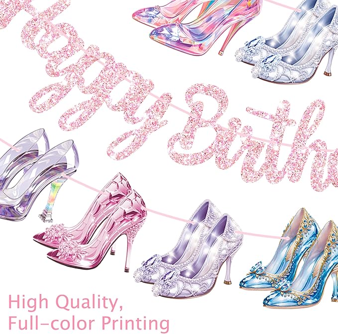 High Heel Happy Birthday Banners 3PCS Crystal High Heels Party Decorations Glass Shoes Banners Girls Princess Birthday Decor for Lady Bridal Shower Wedding Party Supplies