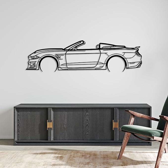 DecoSoul Mustang Metal Car Wall Art, Sports Car, Automotive Silhouette Line Decoration, Minimalist Sculpture for Garage, Indoor Outdoor Wall Hanging, Gift for Boyfriend (Black - 45 x 12.4” inch)