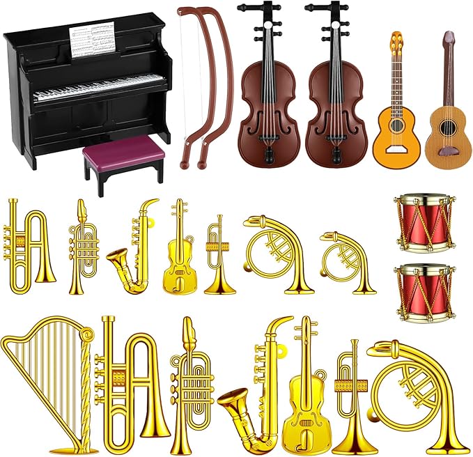 Civaner 24 Pcs Dollhouse Musical Instruments Christmas Miniature Violin Piano Trumpet Saxophone Electric Guitar Tiny Instruments Set for Xmas Party Gift Mini House Musical Room Succulent Garden