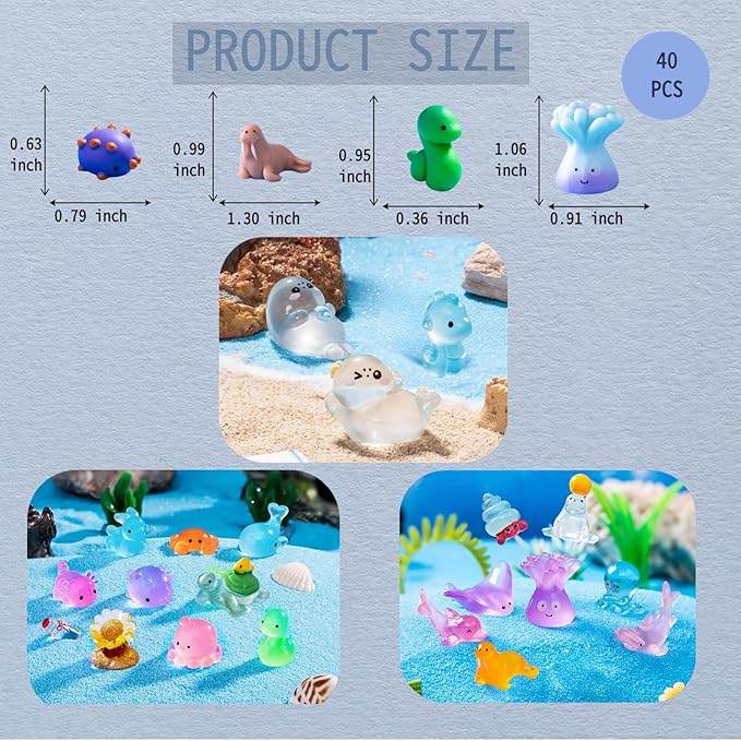 40 Pcs Luminous Mini Resin Ocean Animals Turtle Axolotl Manta Ray for Aquarium Decor Fish Tank Garden Miniatures High-Gloss Resin Crafts Birthday Cake Topper