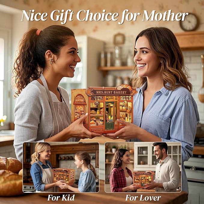 Cutefun Book Nook Kit - DIY Miniature Bread Shop Booknook Kits for Adults and Teens, 3D Wooden Puzzle Bookend Bookshelf with LED Light, Gifts for Family and Friends (Mrs.Hunt Bakery)