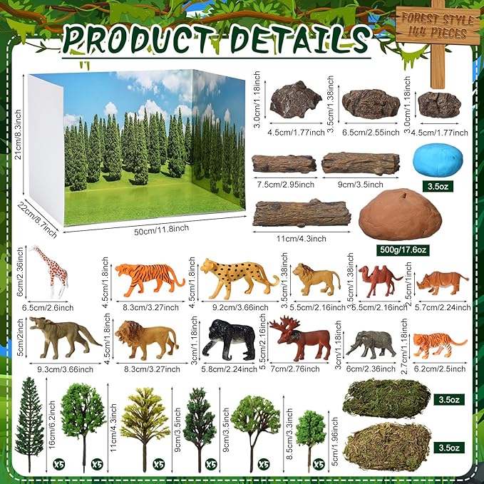 55 Pieces Rainforest Diorama Kit Rainforest Diorama Supplies Include Animals Figures Model Trees Artificial Tree Fake Rocks Sand Stone Moss with Gift Box for Gifts Project Birthday
