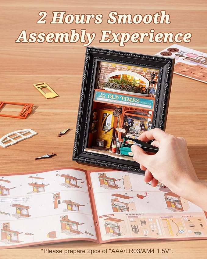 Rolife 3D Diorama Frame, Wall-Mounted Shadow Box & Dollhouse Display Case for & Christmas Decor, Unfinished Kit Beginner-Friendly Craft Kits, Christmas Memorial Gift for Families (Old Times Bookstore)