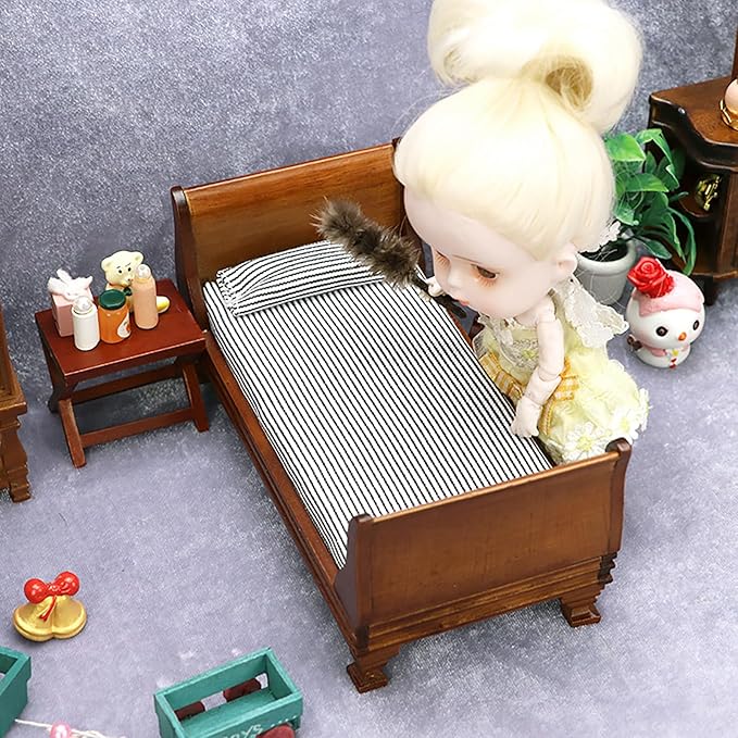 1/12 Dollhouse Bed Miniature Single Bed Vintage Woode Mini Bed for for 6 inch Dolls Dollhouse Bedroom Furniture with Bedding Fabric (Brown)