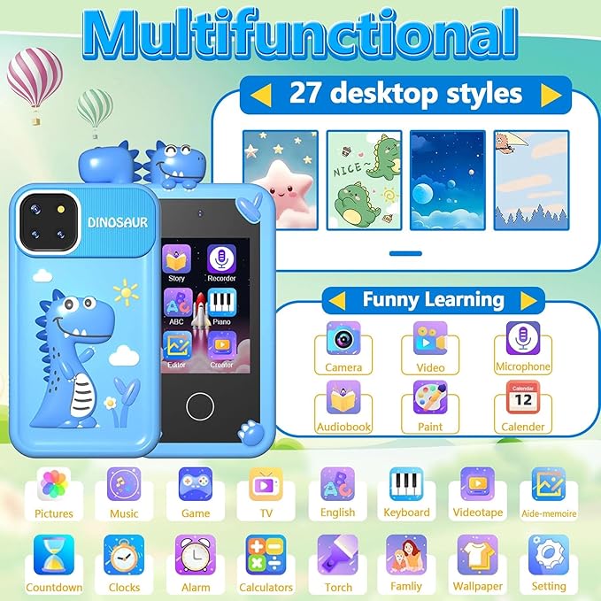 BEBESIRI Kids Camera Mini Smartphone Toy for Girls, 2.8" Touch Screen, 22 Learning Games, Dual Camera, Music Player, 32GB Card, Christmas Birthday Gift, (Blue Dinosaur)