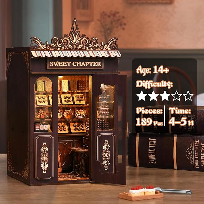 KERNOWO Book Nook Kit, DIY 3D Wooden Puzzles for Adults, Teens and Beginners, Miniature Tiny House Kit for Bookshelf Decor, Bookish Gift for Family, Friends, Book Lovers (Sweet Chapter)