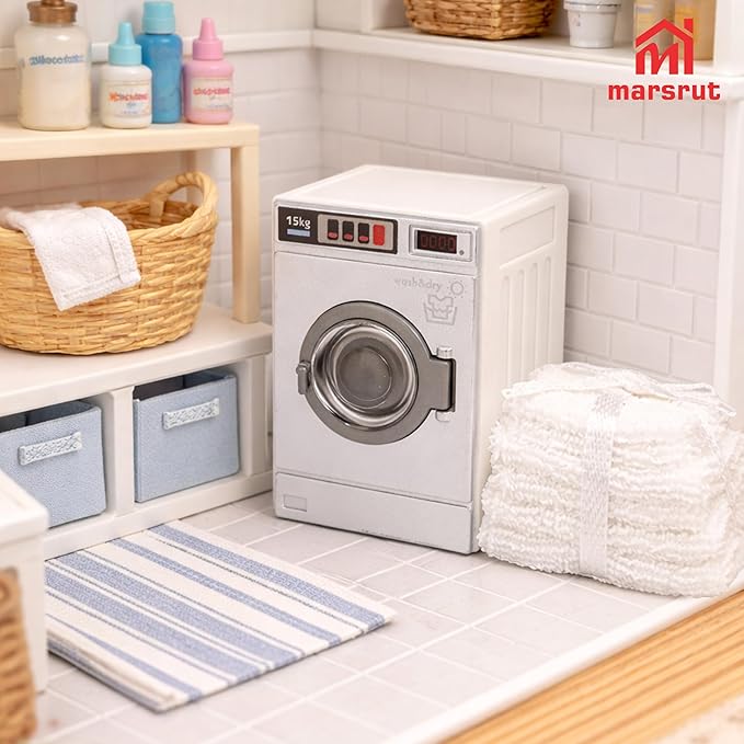 Miniature Washing Machine Dollhouse 1/24 Scale & Miniature Towel Set 1/12 Scale, Openable Lid Washer Dryer, Mini Laundry Appliance Model, White Mini Towels, Bathroom Furniture Decoration Accessories