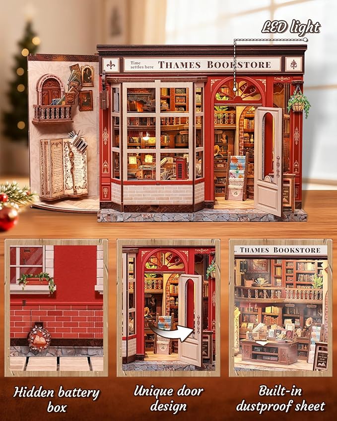 CUTEBEE Book Nook Kit - DIY Miniature House Dollhouse Kit for Adults and Teens, Booknook Tiny House Bookshelf 3D Wooden Puzzle, Gifts for Family (Thames Bookstore)