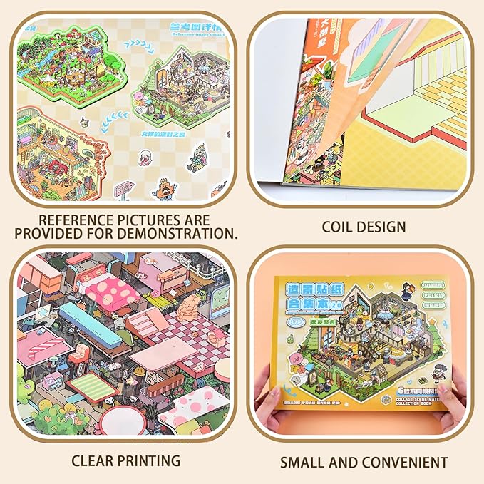 DIY Large Fun 3D Animal House Scene Stickers Book with Tweezers Make Your Own Pasture Villa Room Sticker Scenes Cute Micro Stickers for Relief Stress Pass The Time(6 Designs)
