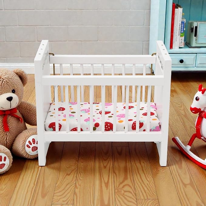 1/12 Miniature Wooden Doll Crib Mini Bed for Dollhouse Bedroom Furniture