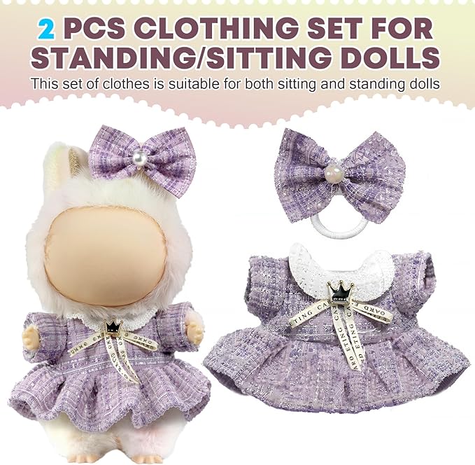 Clothes for LABUBU Doll (NO Doll), Luxury Chic Style 2-Piece Accessories for LABUBU 17cm Dolls, Premium Fashion Outfits for LABUBU - Bow Headdress + Plaid Tweed Dress (Purple)