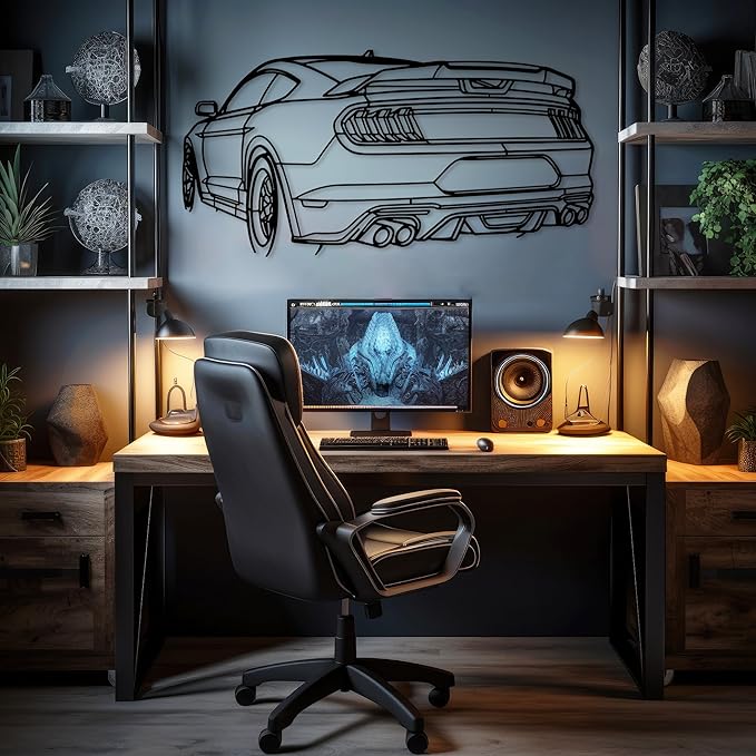 DecoSoul Mustang Metal Car Wall Art, Sports Car, Automotive Silhouette Line Decoration, Minimalist Sculpture for Garage, Indoor Outdoor Wall Hanging, Gift for Boyfriend (Black - 55 x 15.1” inch)