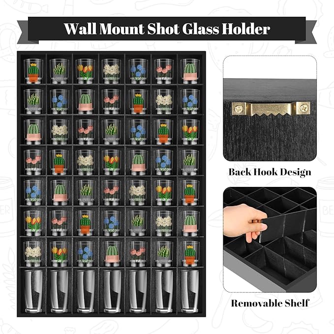 2 Pcs Large Wooden Shot Glass Display Case with Removable Shelves, Wall Mounted Shadow Box, 56 Slots